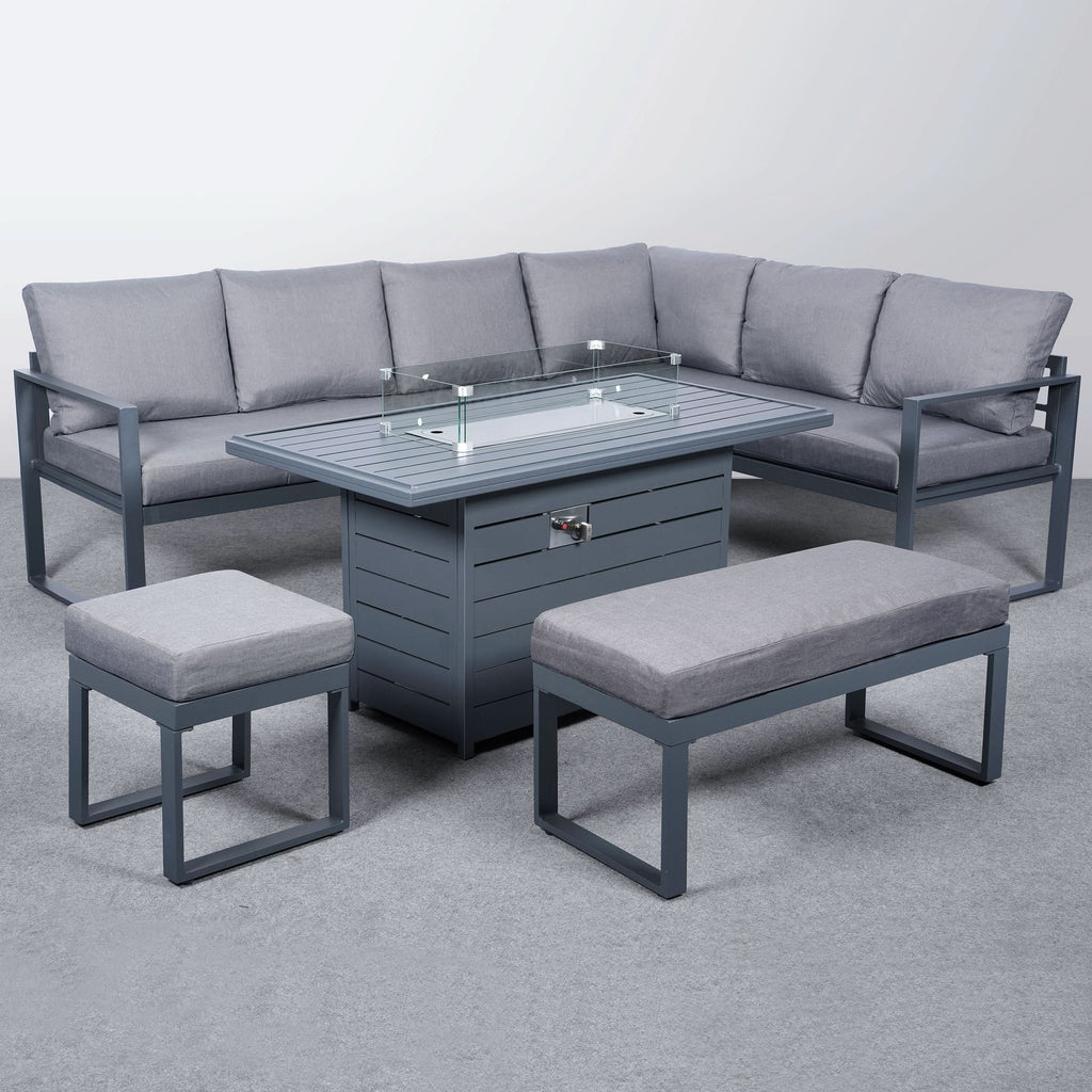 5 Piece Metal Sectional Garden Furniture Set Outdoor Corner Sofa with Cushions and Heated Table