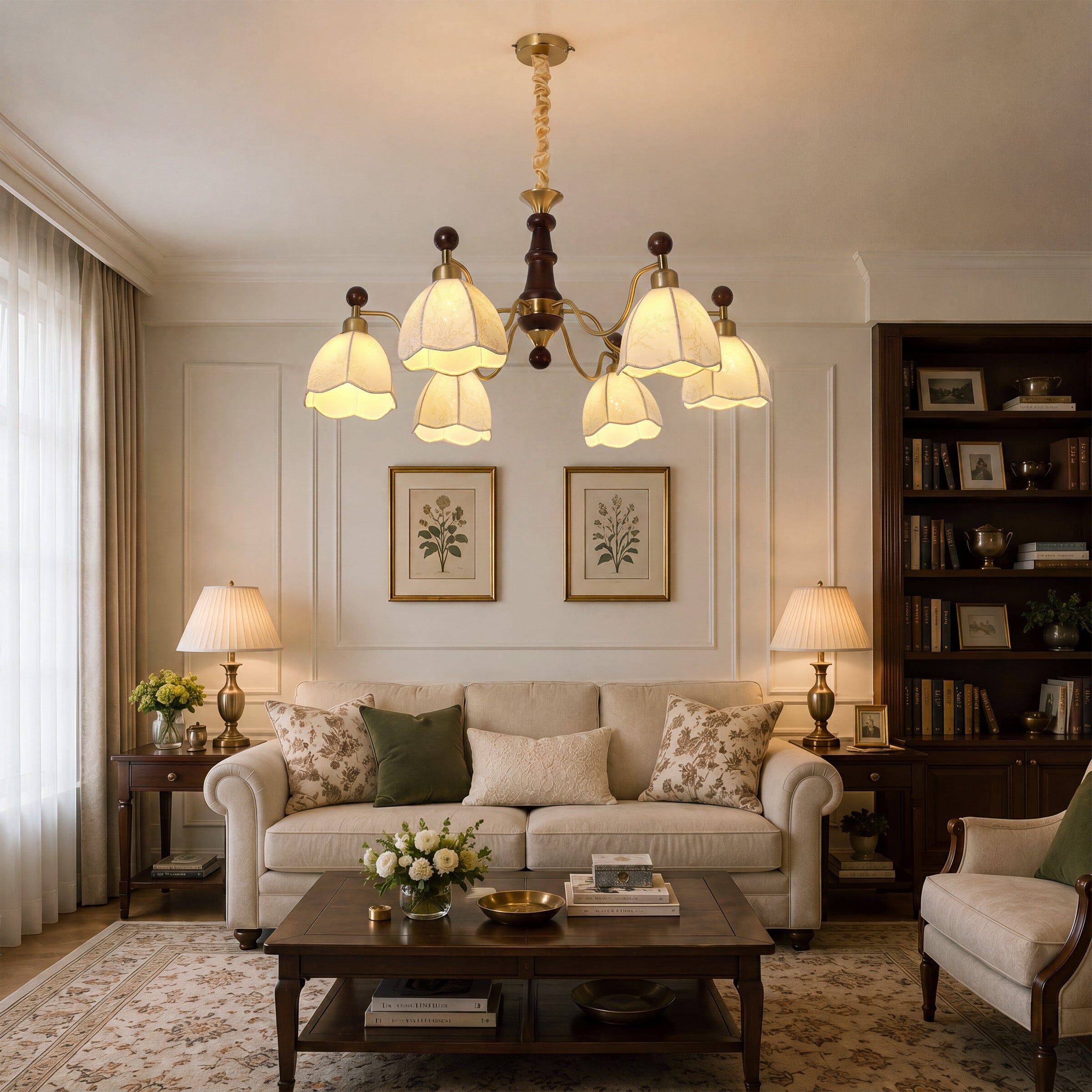 6-Light Yellow Fabric Chandelier | Adjustable E27 Ceiling Lamp