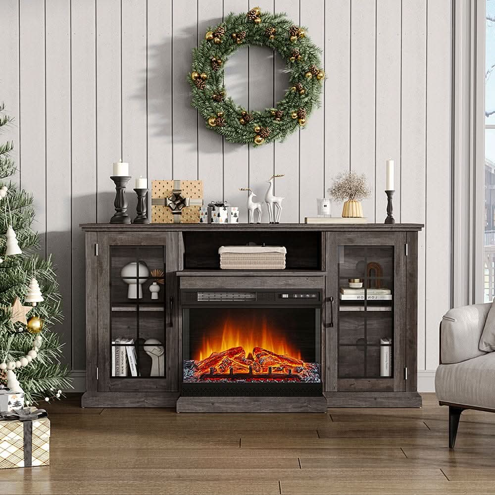 Smallbee Panoramic Glass Fireplace TV Stand with Storage Cabinets, Customizable Flames & Remote Control