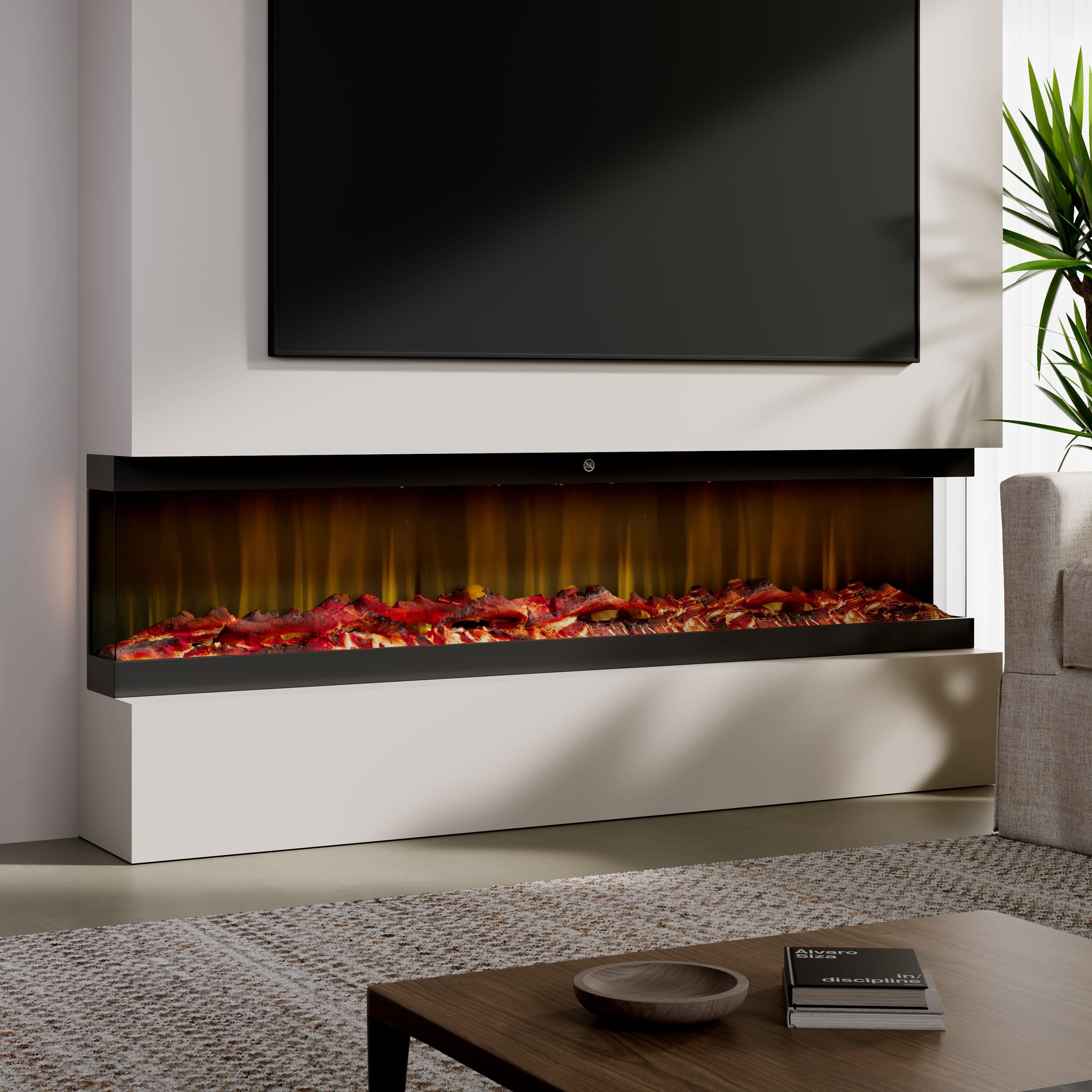 42/48/56/72inch 3-Sided Black/White Electric Fireplace with Remote Control, WiFi Function, Adjustable LED Flames and Heating Modes
