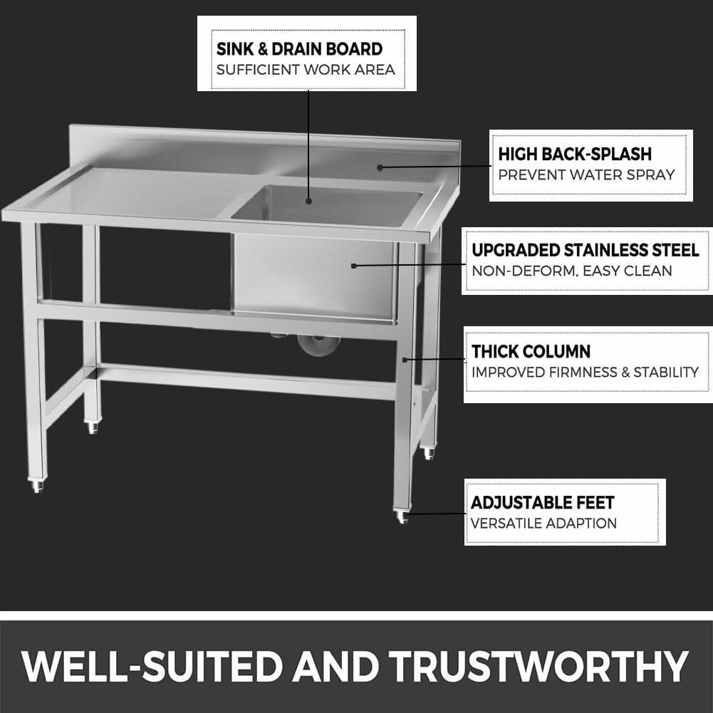 4ft W Stainless Steel Kitchen Commercial Catering Sink with 1/2 Large Compartments