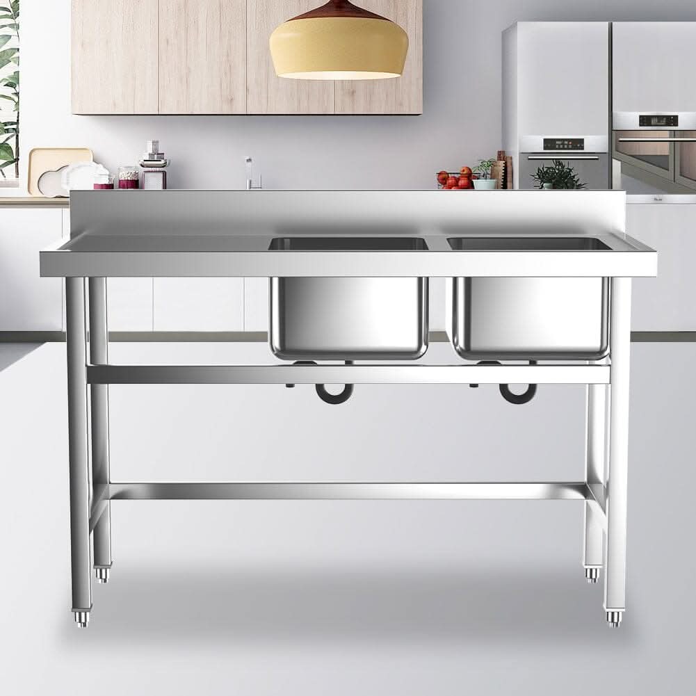 Commercial Kitchen Sink 2 Compartment Stainless Steel with Left Drainboard