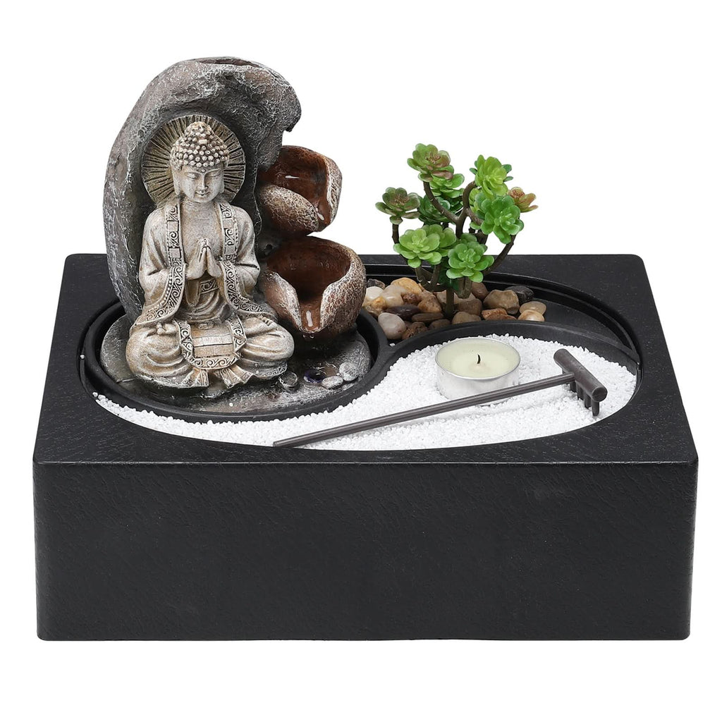 Buddha Zen Tabletop Fountain with LED Light, Tealight Holder and Succulent