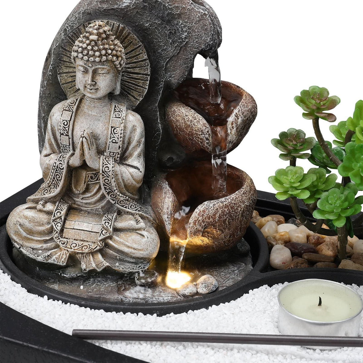 Buddha Zen Tabletop Fountain with LED Light, Tealight Holder and Succulent