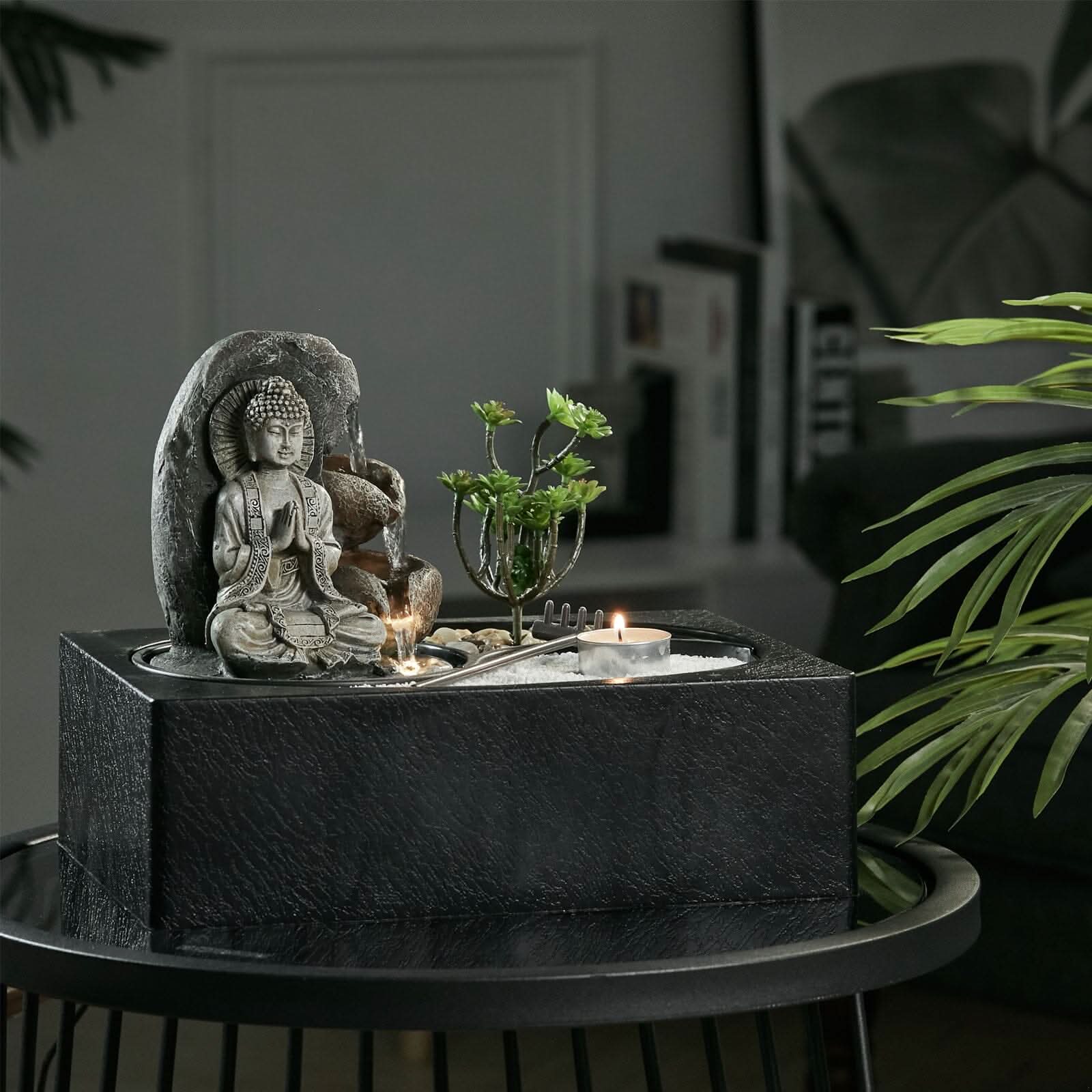 Buddha Zen Tabletop Fountain with LED Light, Tealight Holder and Succulent