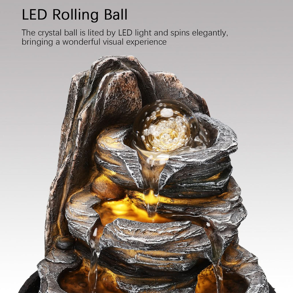 Tiered Rock Cascading Tabletop Water Fountain with LED Crystal Ball