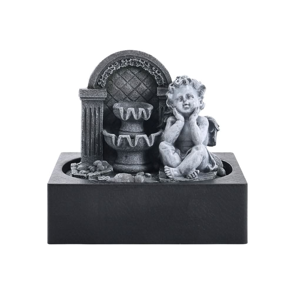 Grey Tabletop Resin Cherub Fountain with LED Light Indoor