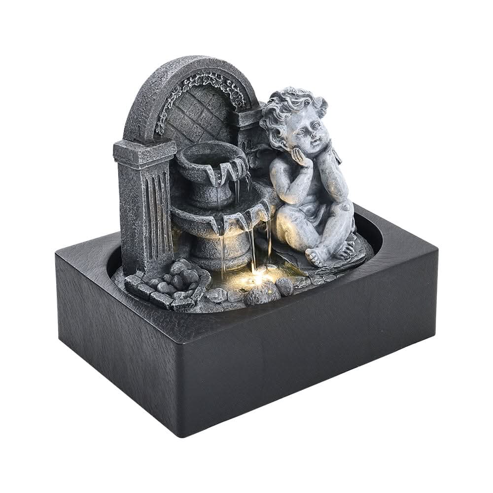 Grey Tabletop Resin Cherub Fountain with LED Light Indoor