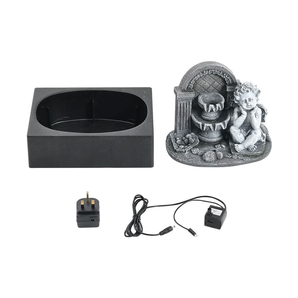 Grey Tabletop Resin Cherub Fountain with LED Light Indoor