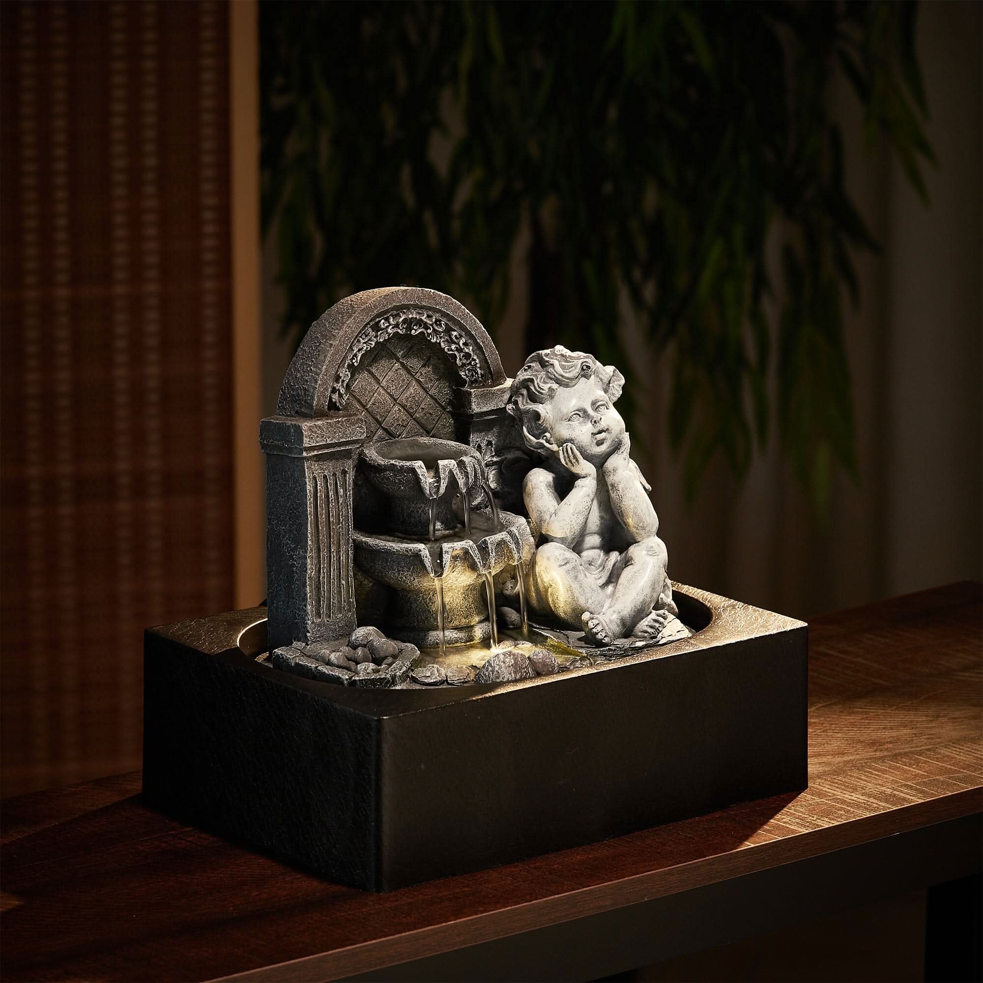 Grey Tabletop Resin Cherub Fountain with LED Light Indoor