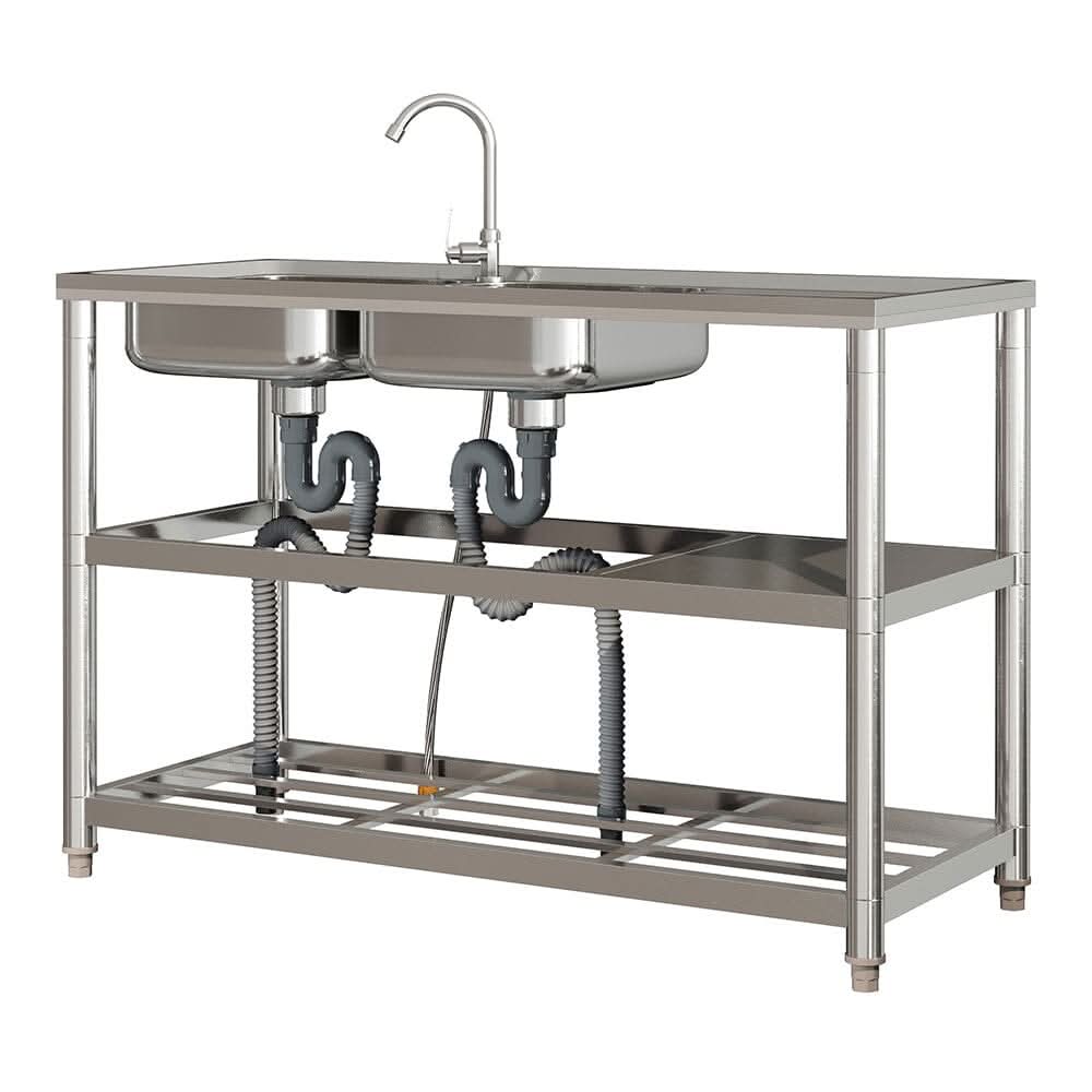 Steel Two Compartment Sinks with Shelves and Drainboard