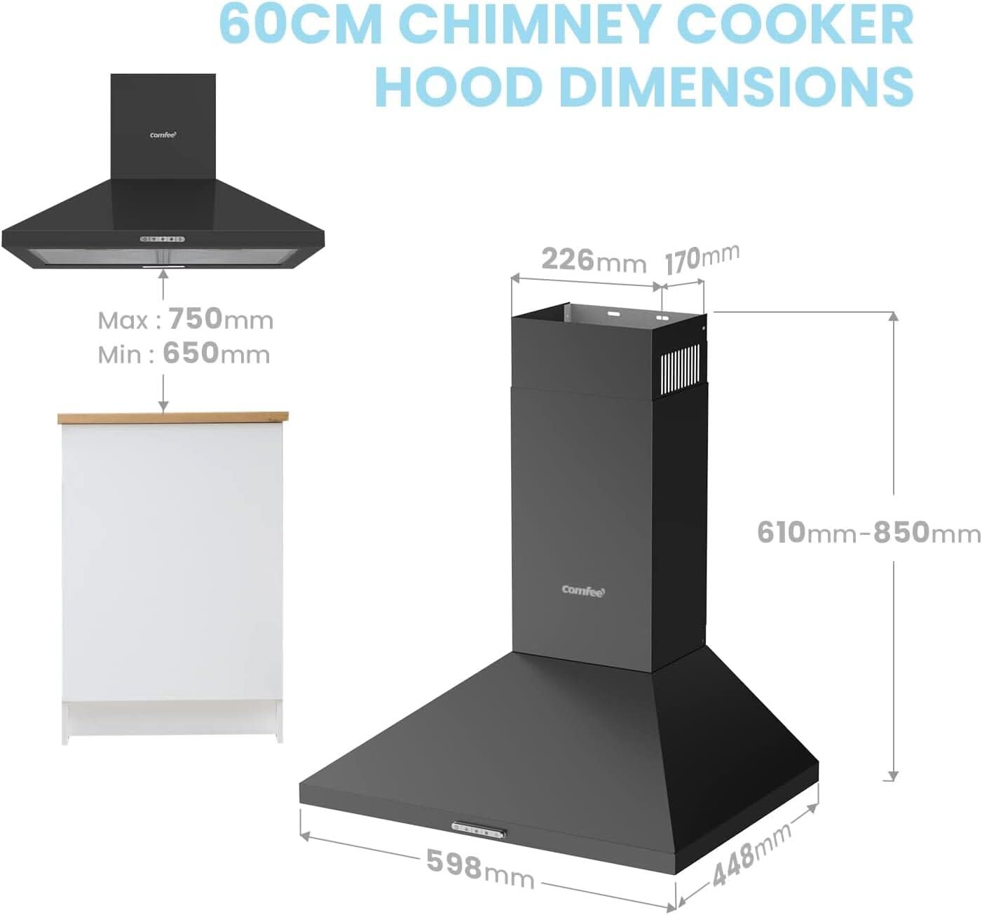 Black 60CM/ 90CM Wall-mounted 3-Speed Chimney Range Hood Cooker Extractor