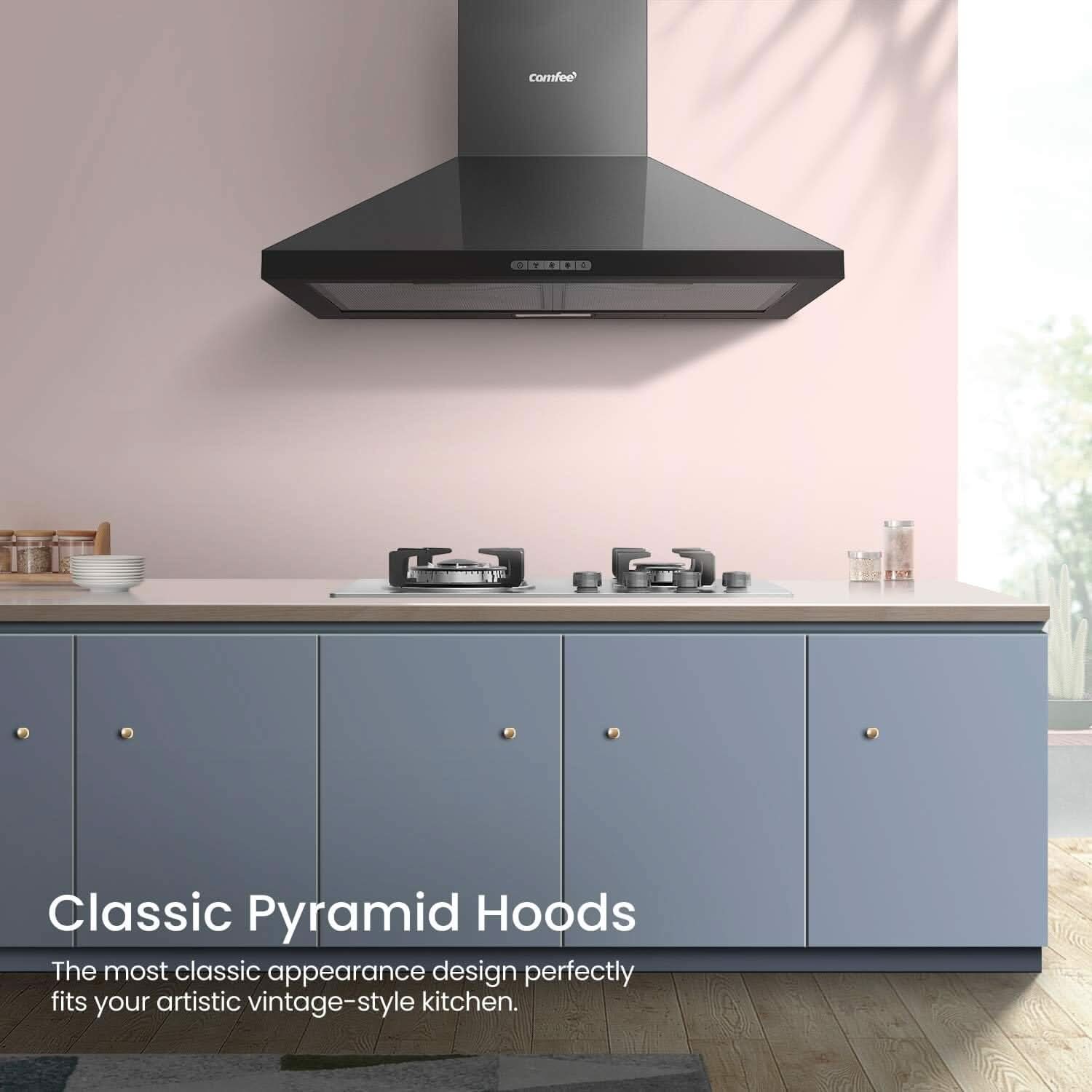 Black 60CM/ 90CM Wall-mounted 3-Speed Chimney Range Hood Cooker Extractor