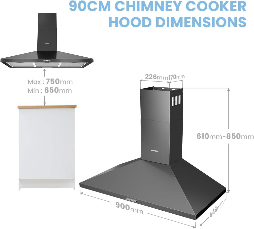 Black 60CM/ 90CM Wall-mounted 3-Speed Chimney Range Hood Cooker Extractor
