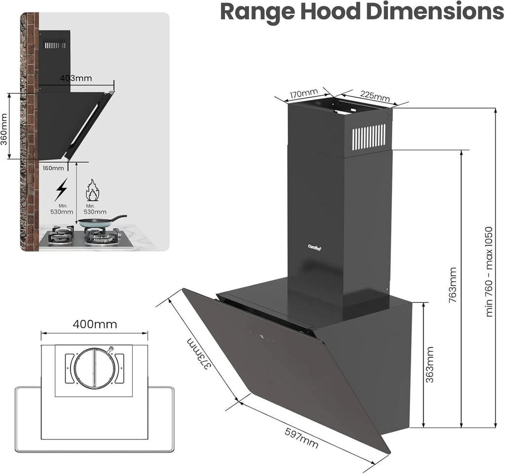 60CM Wall-mounted 3-Speed Chimney Angled Range Hood Cooker Extractor