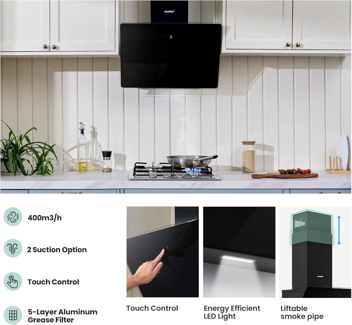 60CM Wall-mounted 3-Speed Chimney Angled Range Hood Cooker Extractor