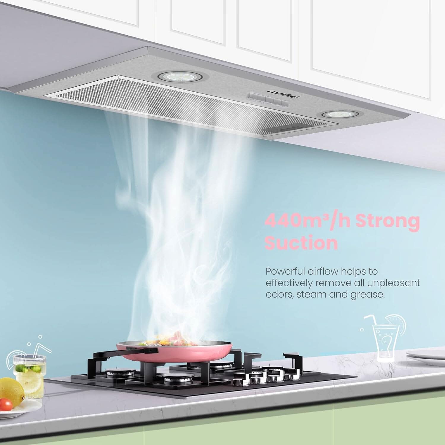 52cm Metal Insert Range Hood Cooker Extractor with 3-Speed Modes