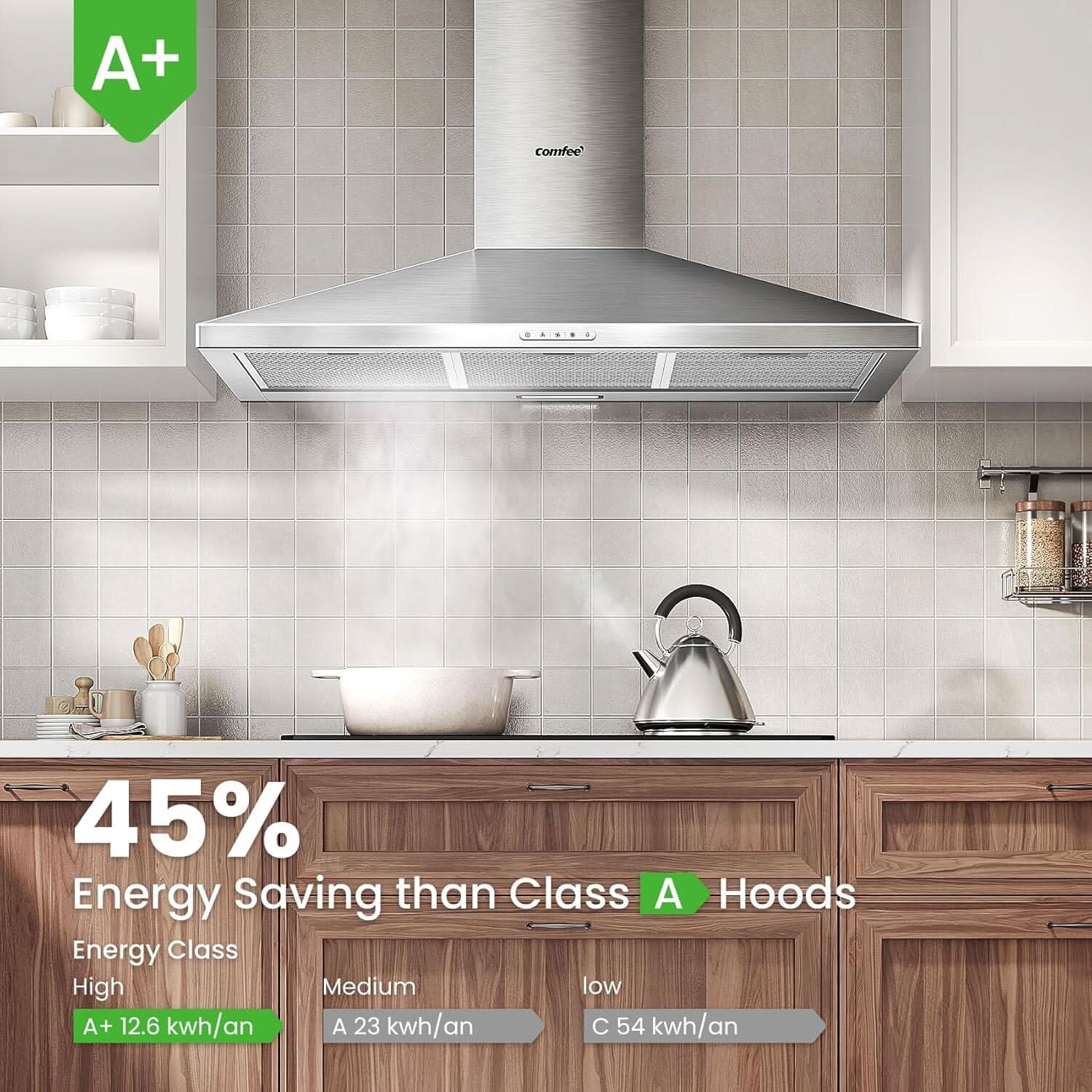COMFEE' 90cm Chimney Cooker Hood with LED and Recirculating & Ducting System