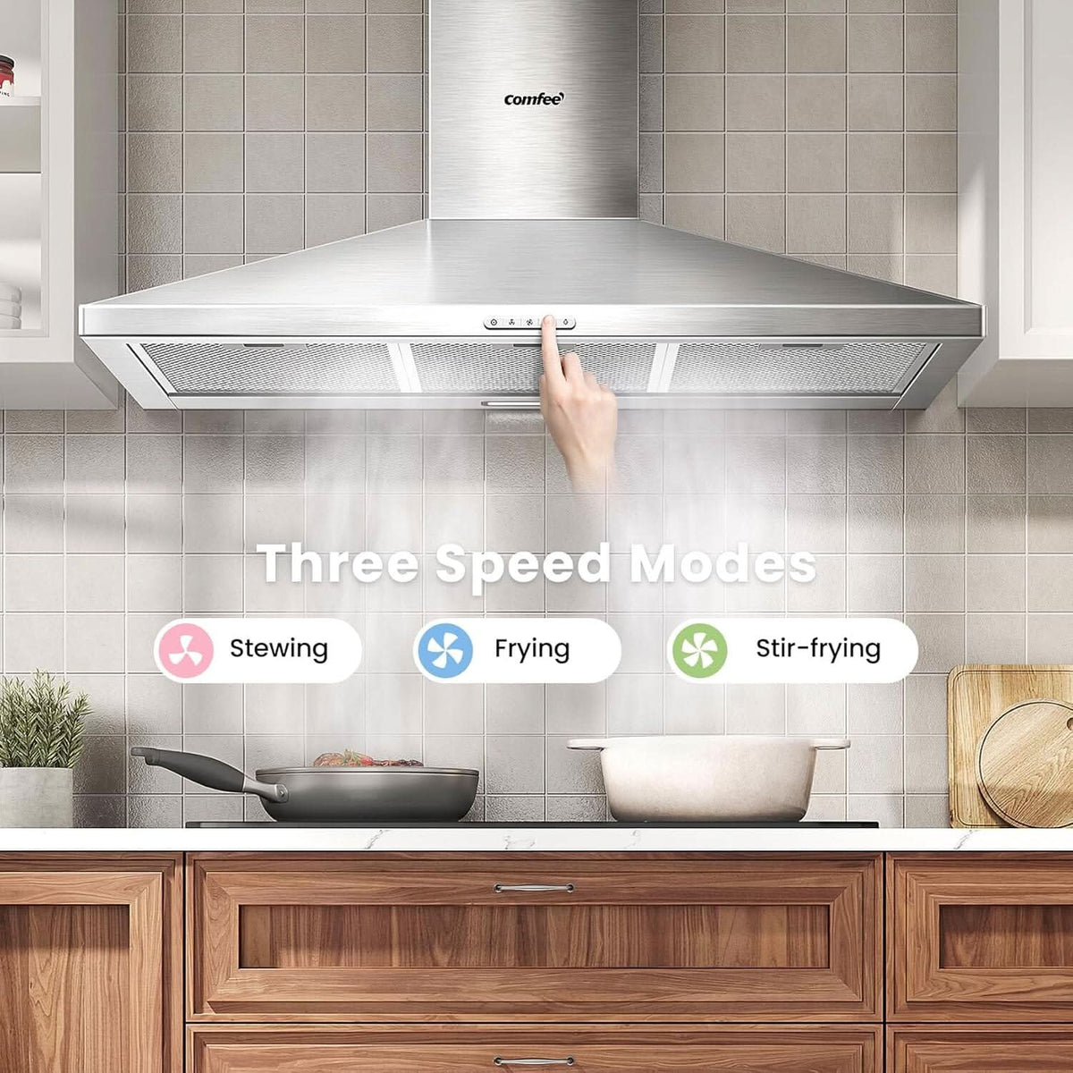 COMFEE' 90cm Chimney Cooker Hood with LED and Recirculating & Ducting System