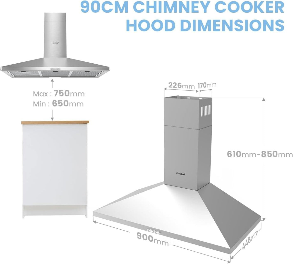 COMFEE' 90cm Chimney Cooker Hood with LED and Recirculating & Ducting System