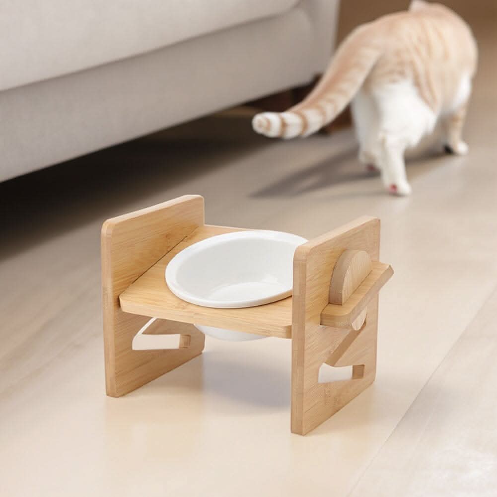 Adjustable Bamboo Single Ceramic Bowl Pet feeder