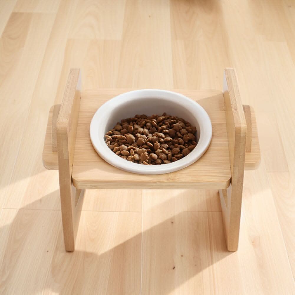 Adjustable Bamboo Single Ceramic Bowl Pet feeder