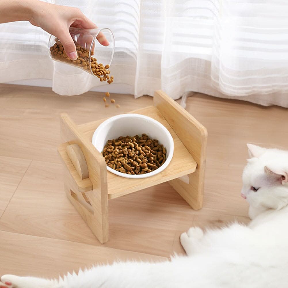 Adjustable Bamboo Single Ceramic Bowl Pet feeder