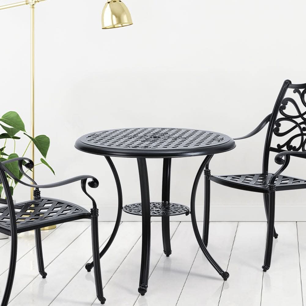 Black Cast Aluminum Round Patio Dining Table with Umbrella Hole