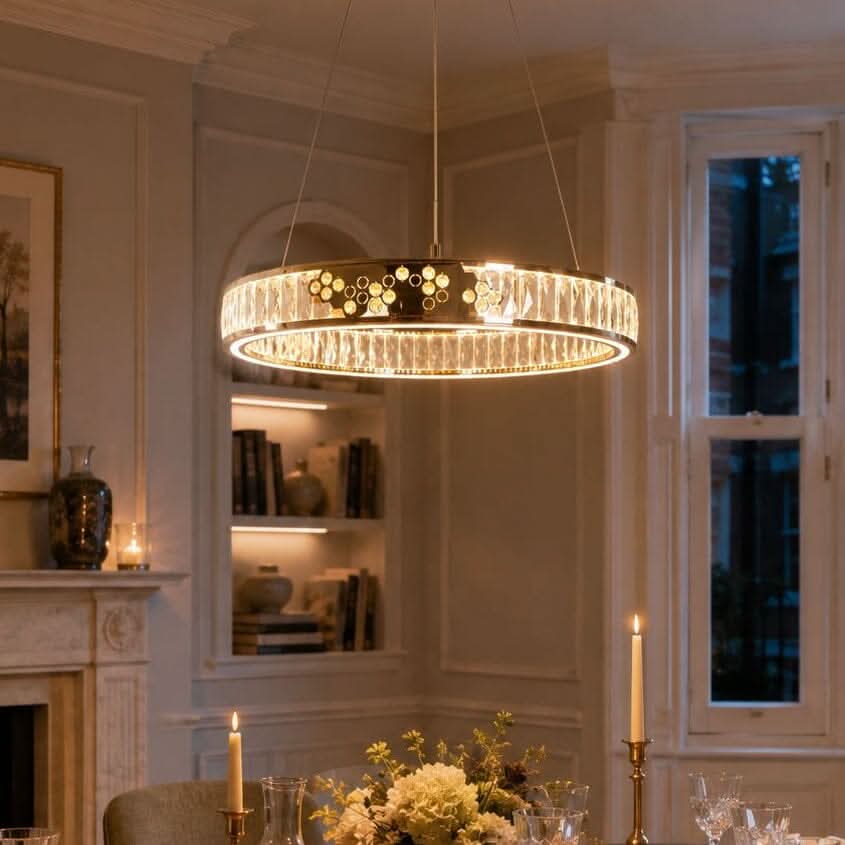Lightsin Golden Crystal Dual-Ring LED Pendant Light in Modern Aluminum Design