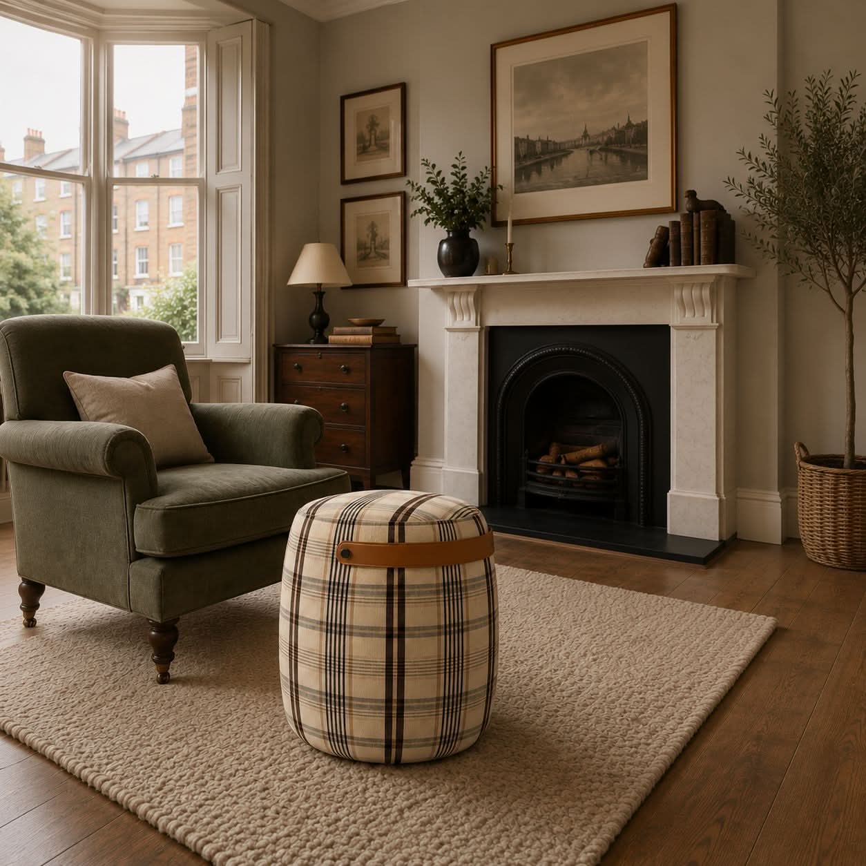 Haven British Check Round Pouffe Footstool with Leather Handle