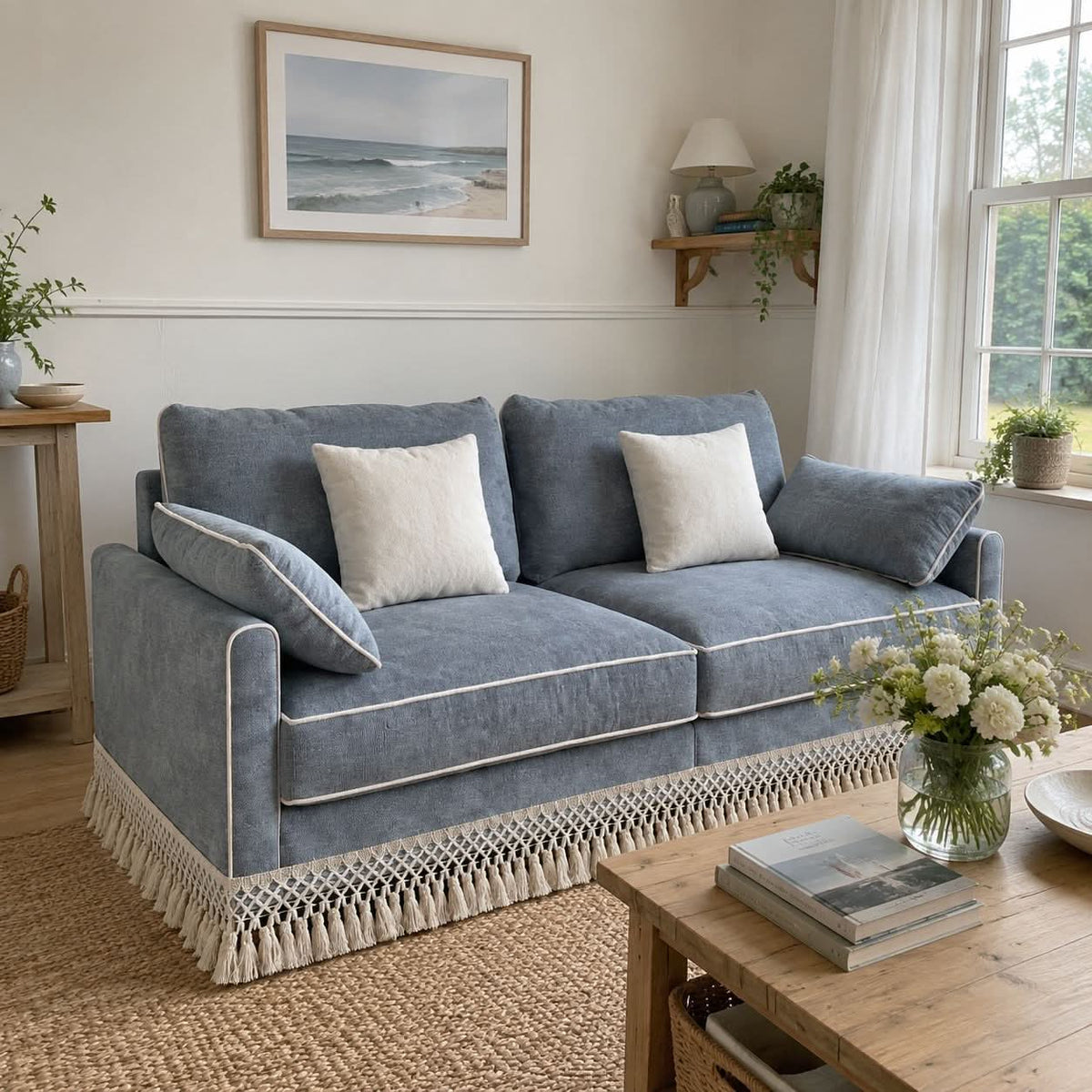 Cotton Linen Detachable Modular Sofa with Fringed Trim