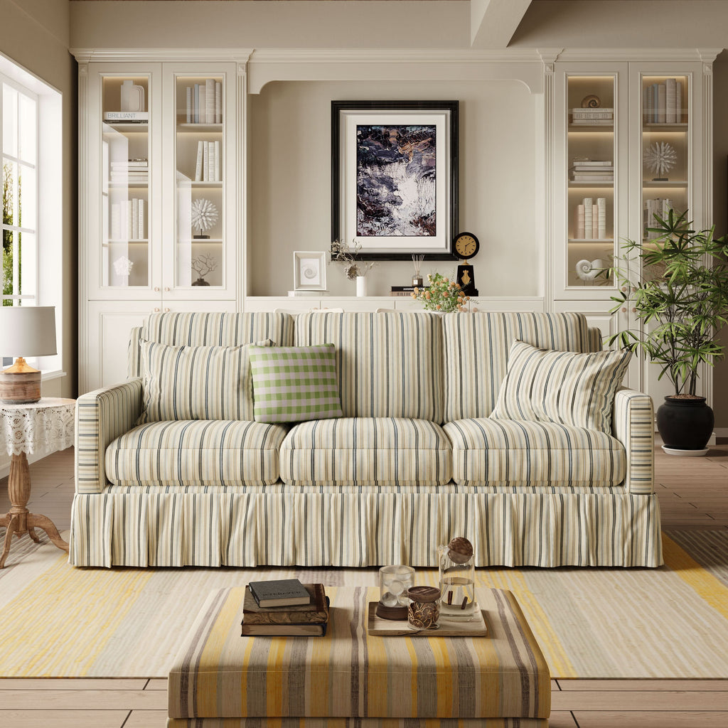 Cottonfy 3 Seater Striped Sofa with Removable Covers and Skirted Design