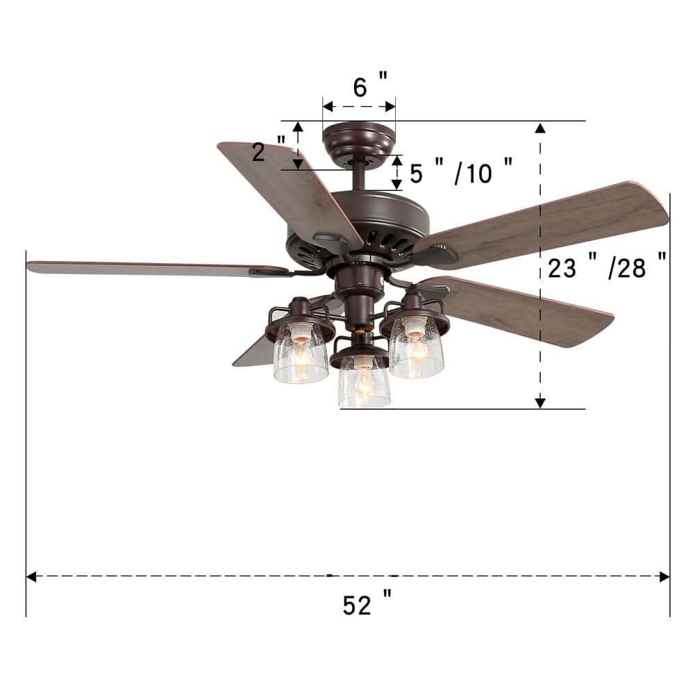 52 Inch Wooden Ceiling Fan with 3 Head Lights and Remote