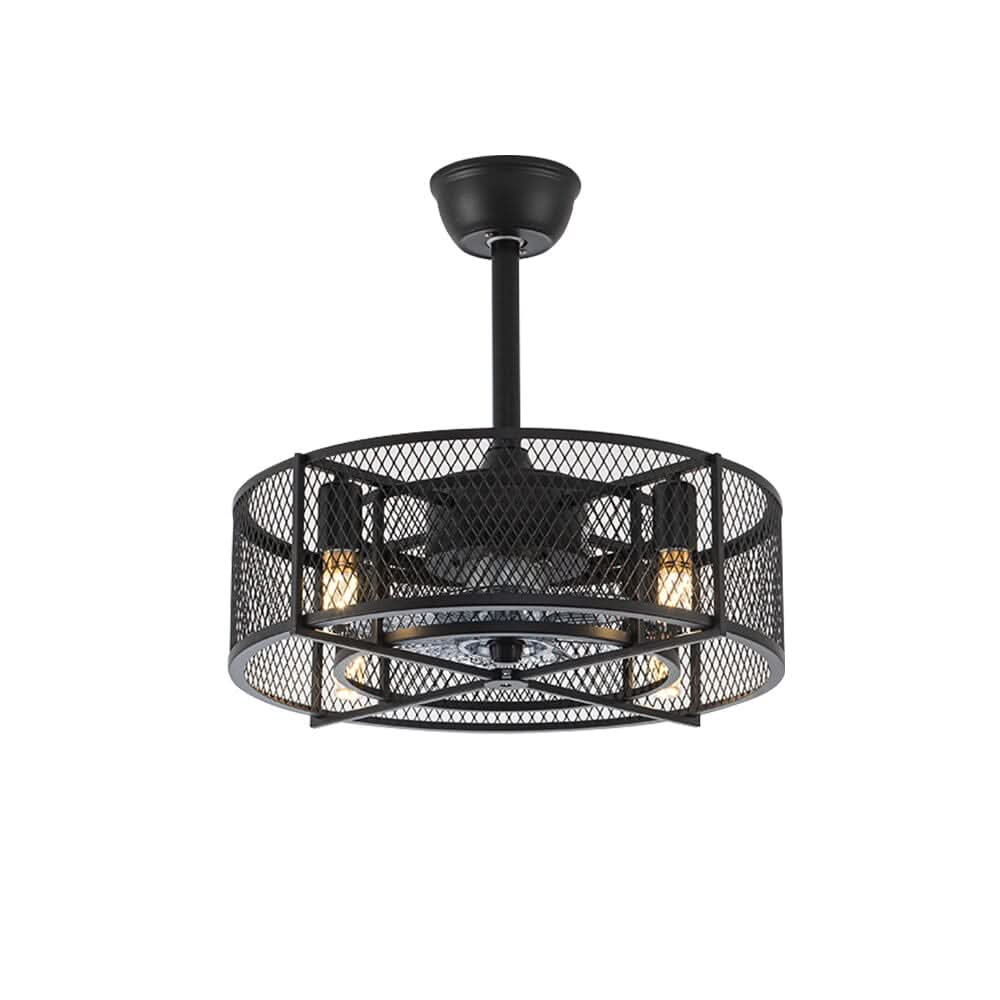 Black Ceiling Fan with 30W Light Wind Pendant with Metal Mesh Cage