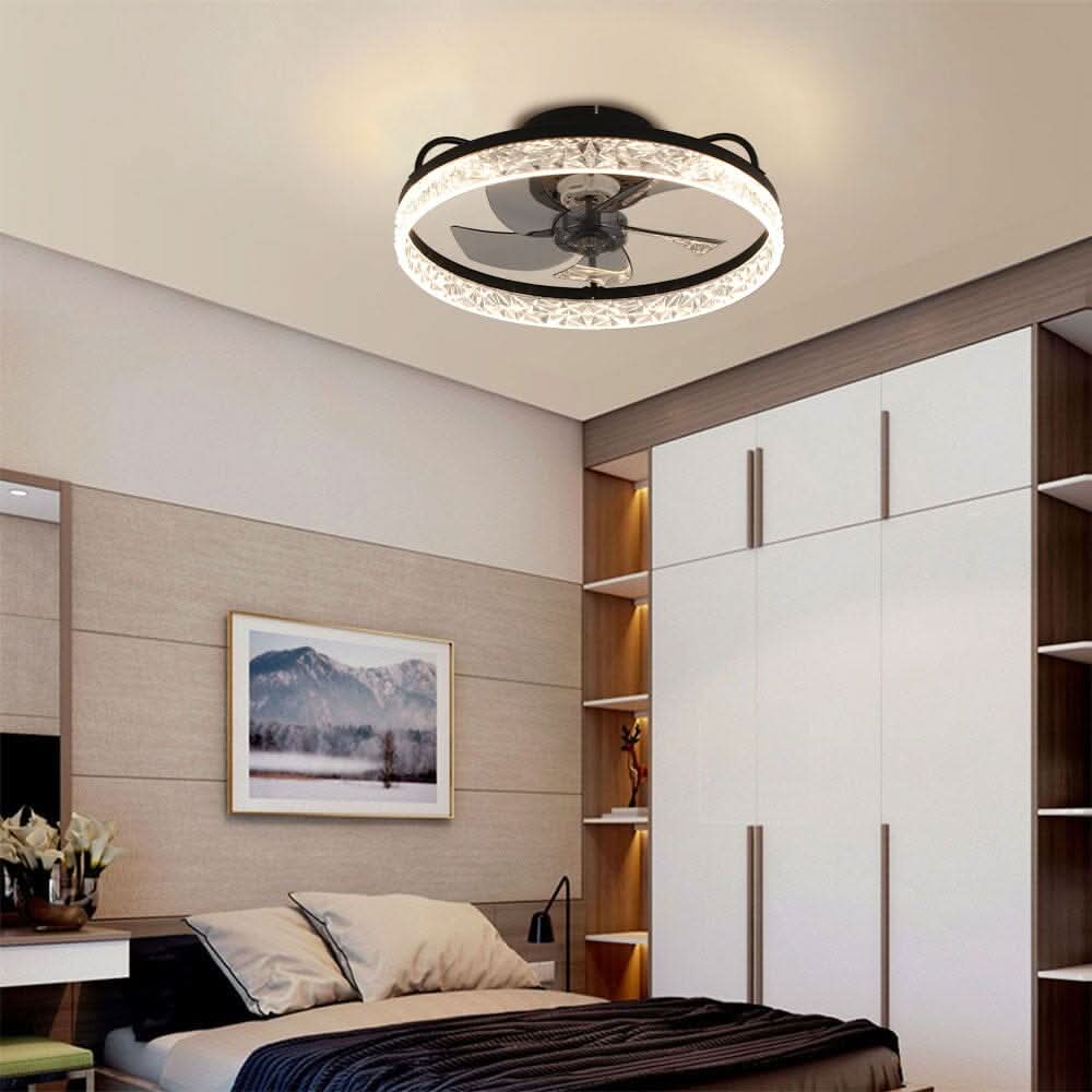 48cm Modern Black Round Crystal Ceiling Fan with Light