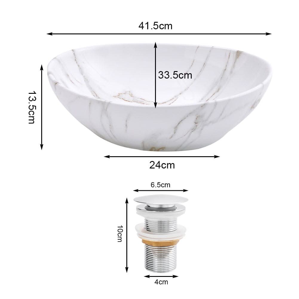 41.5cm W x 13.5cm D White Oval Marble Vessel Bathroom Sink