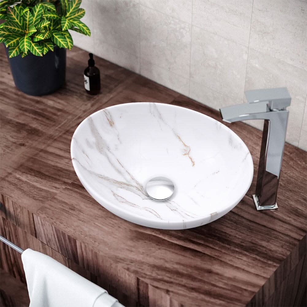41.5cm W x 13.5cm D White Oval Marble Vessel Bathroom Sink