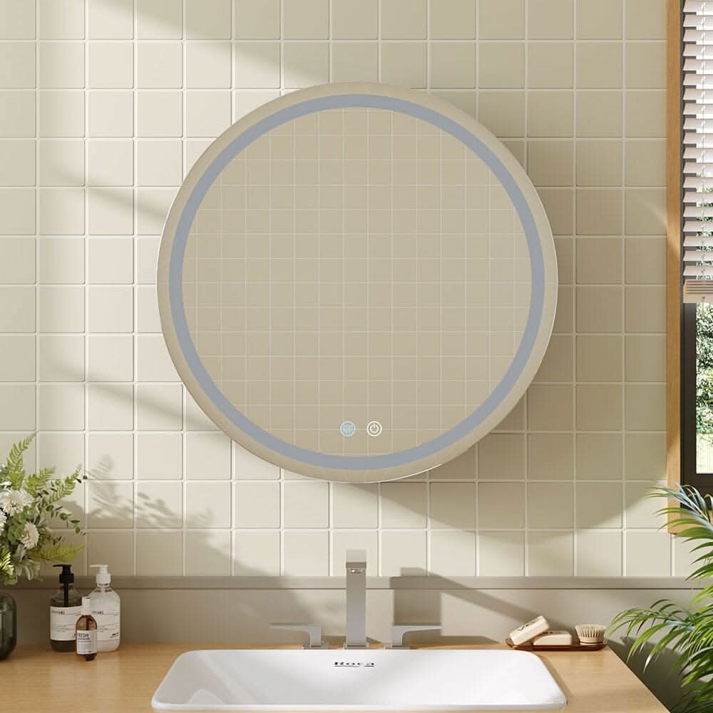 LED Dimmable Wall-Mounted Anti-fog Round Mirror Cabinet Bathroom Storage Decor