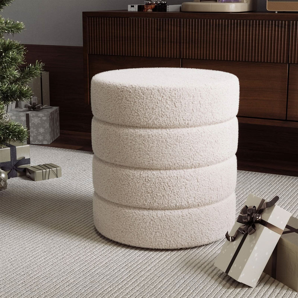 Layered Round Ottoman Teddy Fabric White