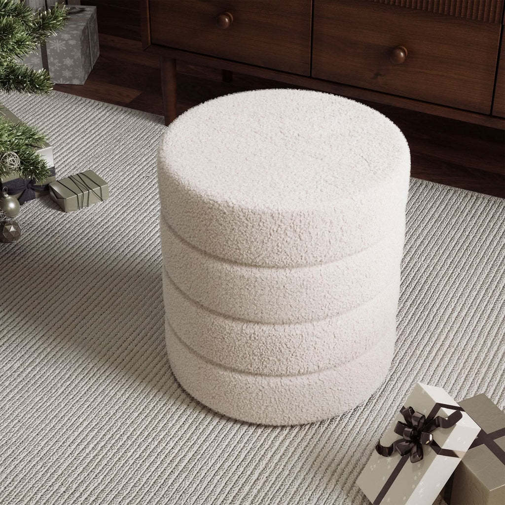 Layered Round Ottoman Teddy Fabric White