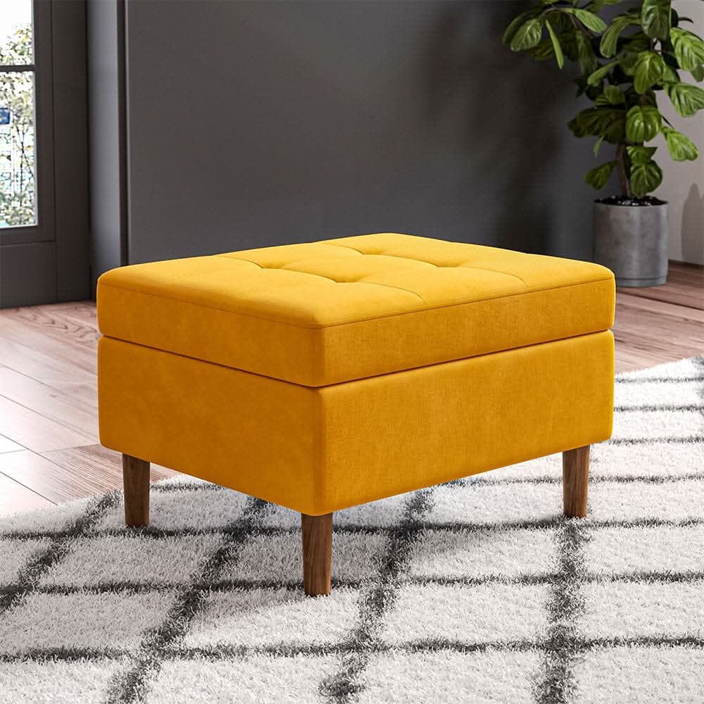 Yellow Velvet Storage Ottoman with Tufted Top