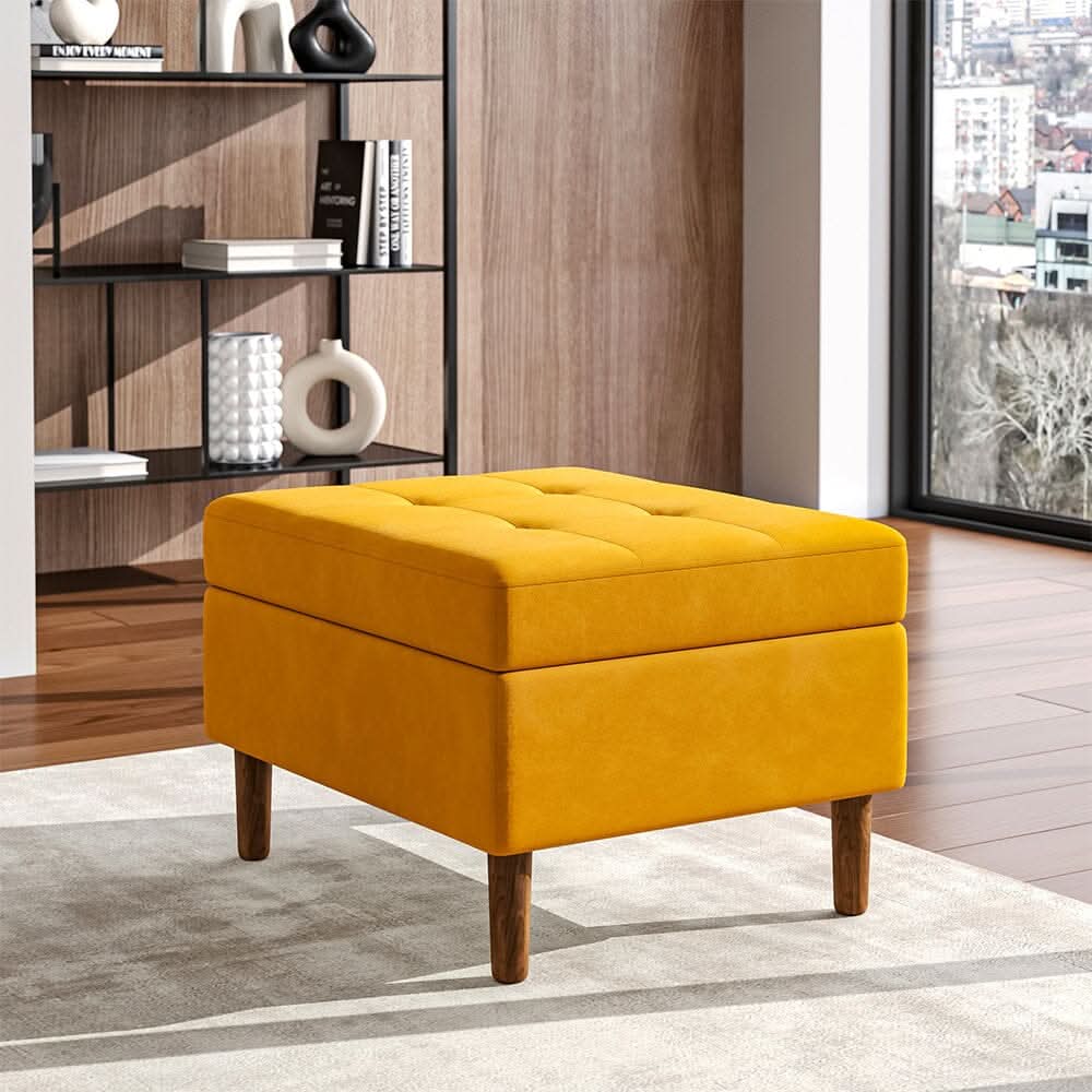 Yellow Velvet Storage Ottoman with Tufted Top