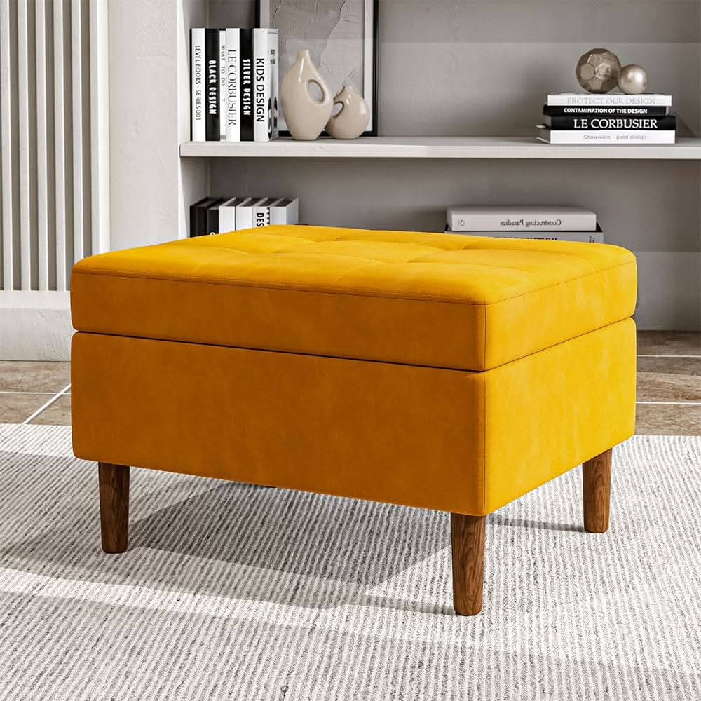 Yellow Velvet Storage Ottoman with Tufted Top
