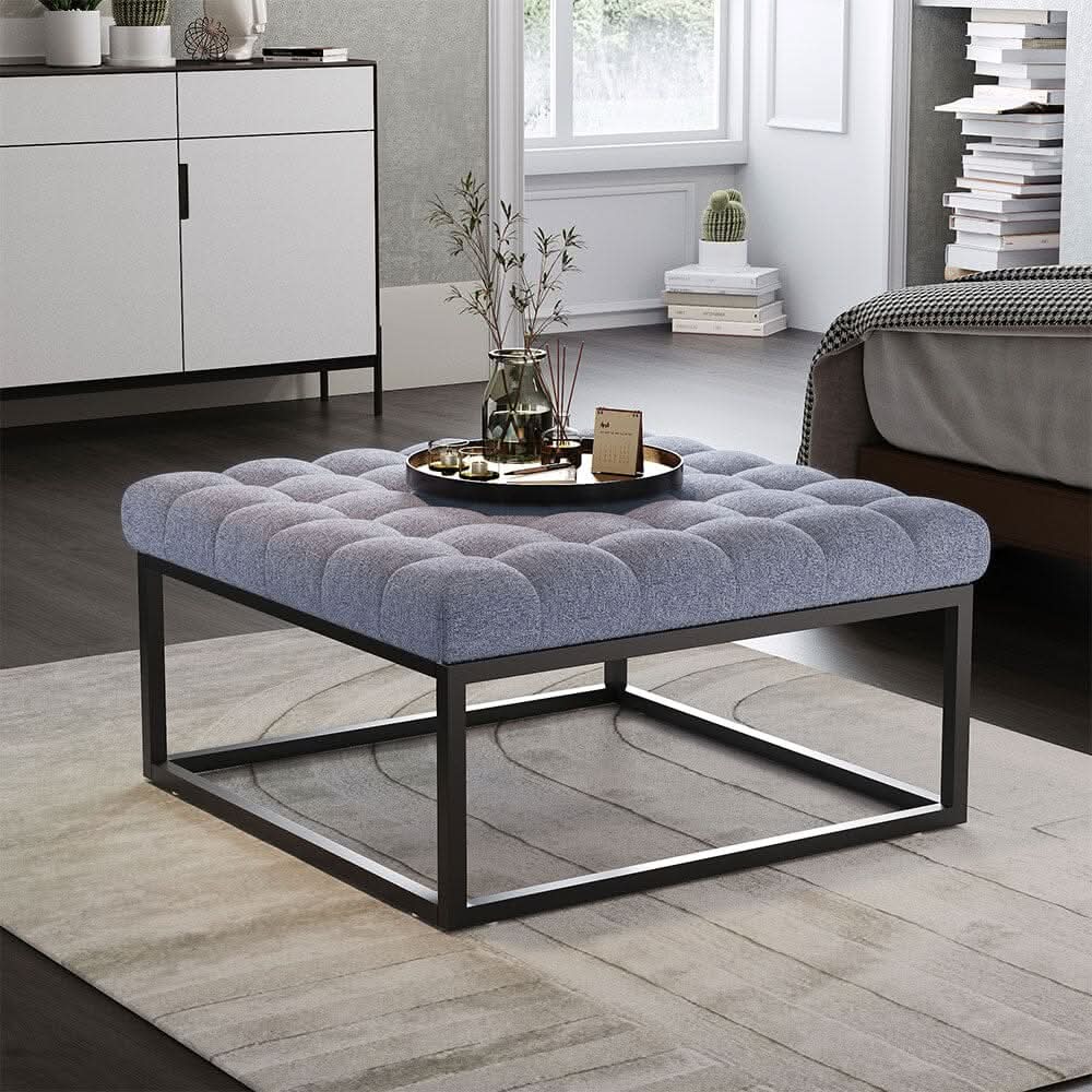 84cm W Square Linen Footstool with Metal Frame