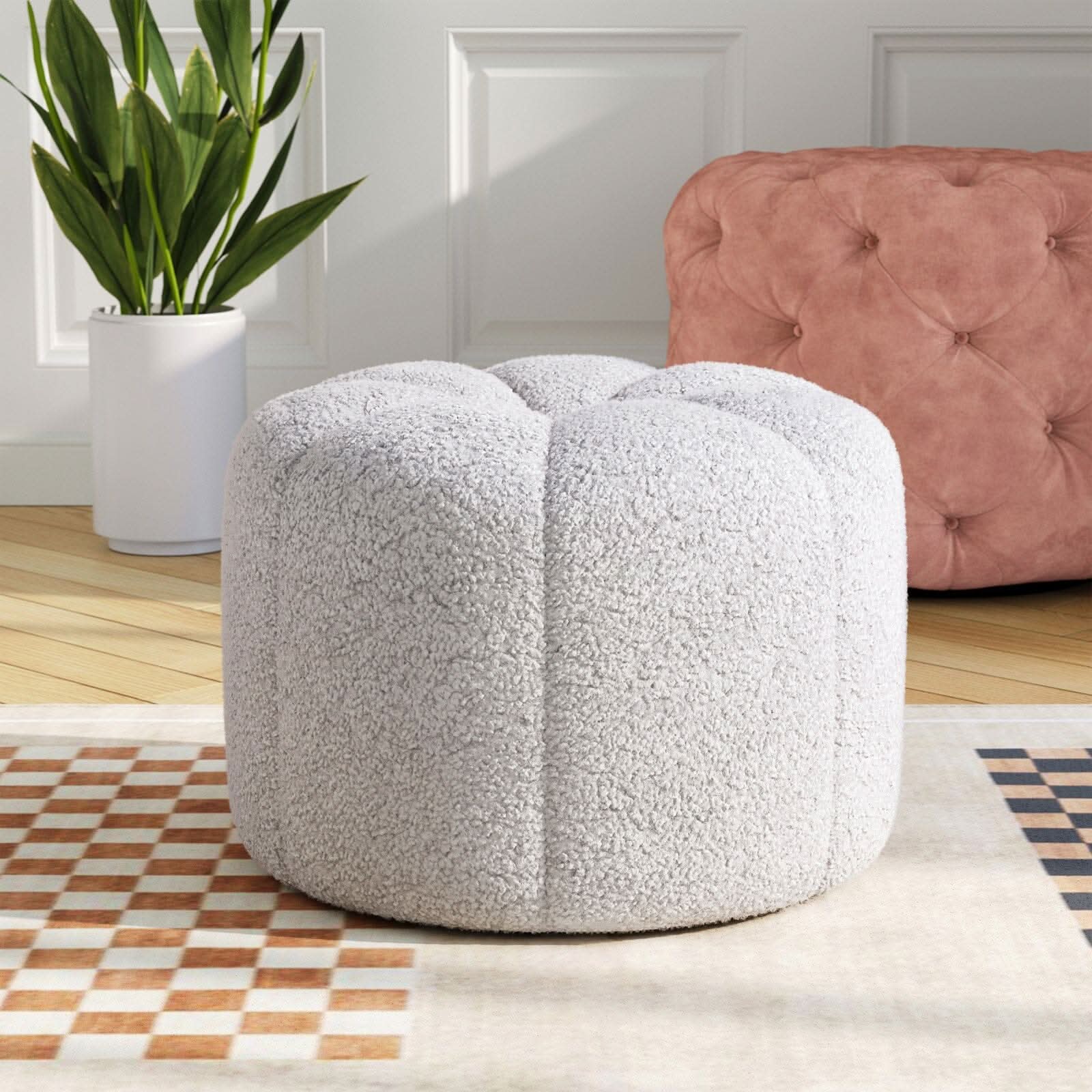 White Teddy Fur Pumpkin-Shaped Footstool