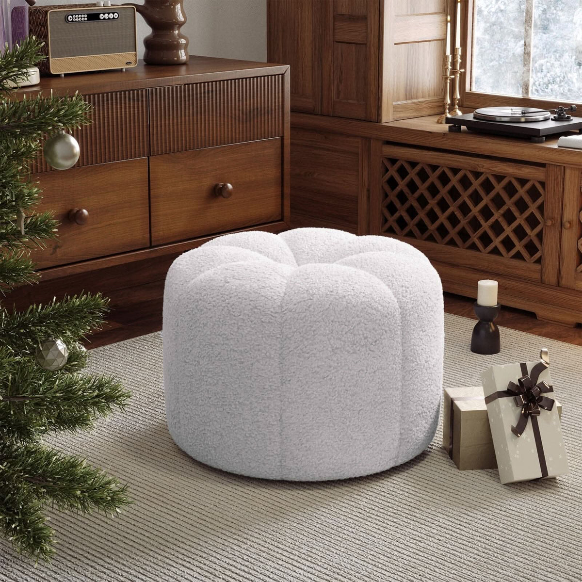 White Teddy Fur Pumpkin-Shaped Footstool