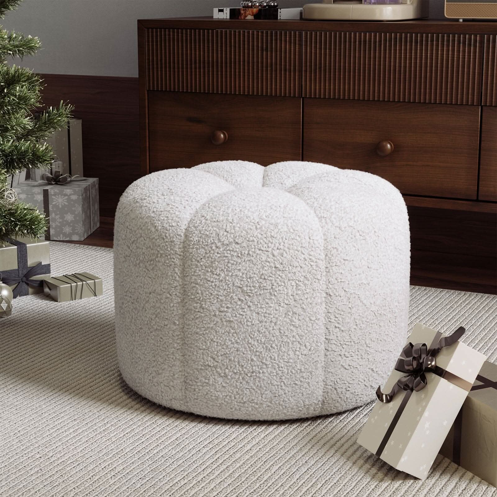 White Teddy Fur Pumpkin-Shaped Footstool