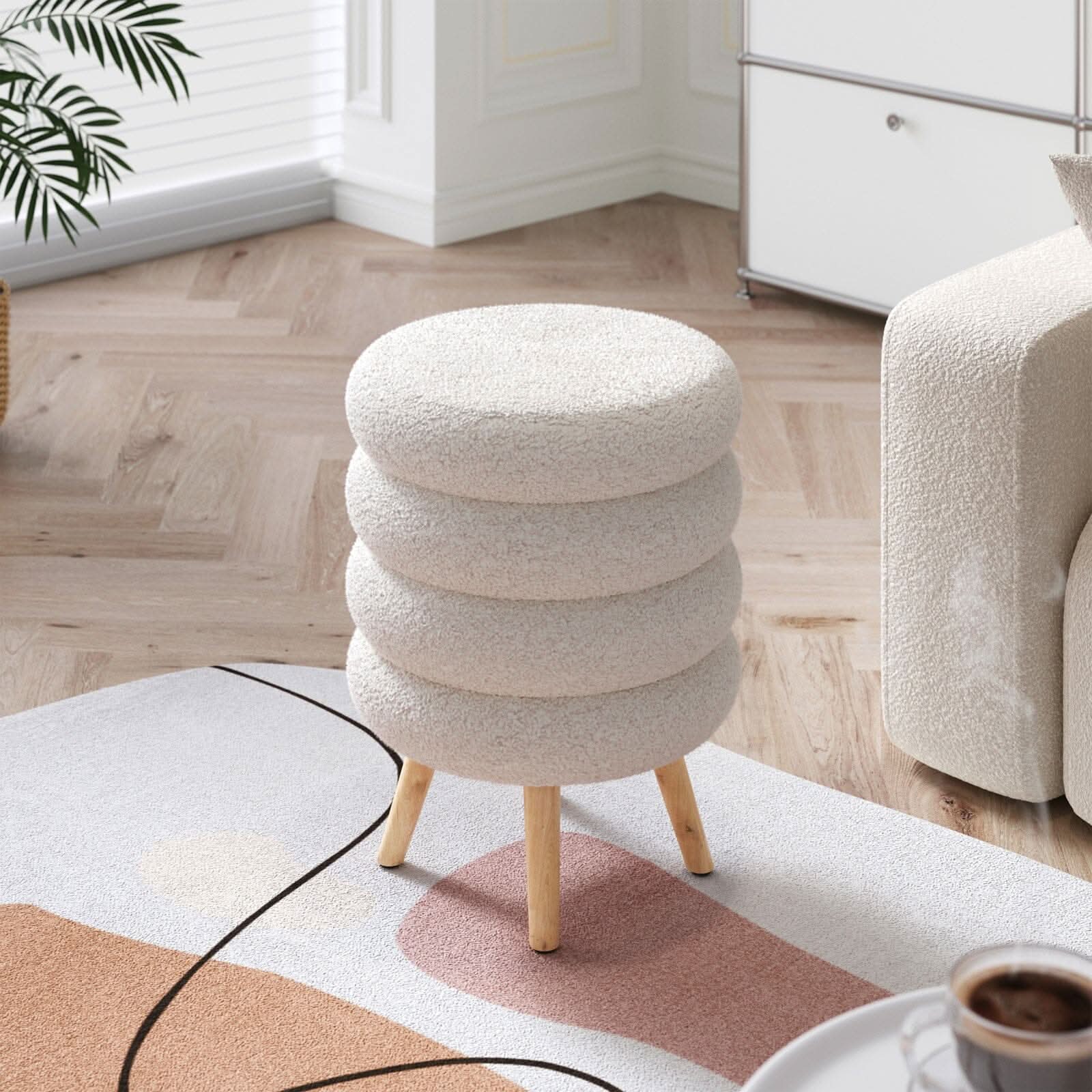 White Teddy Fur Tiered Footstool with Natural Wood Legs