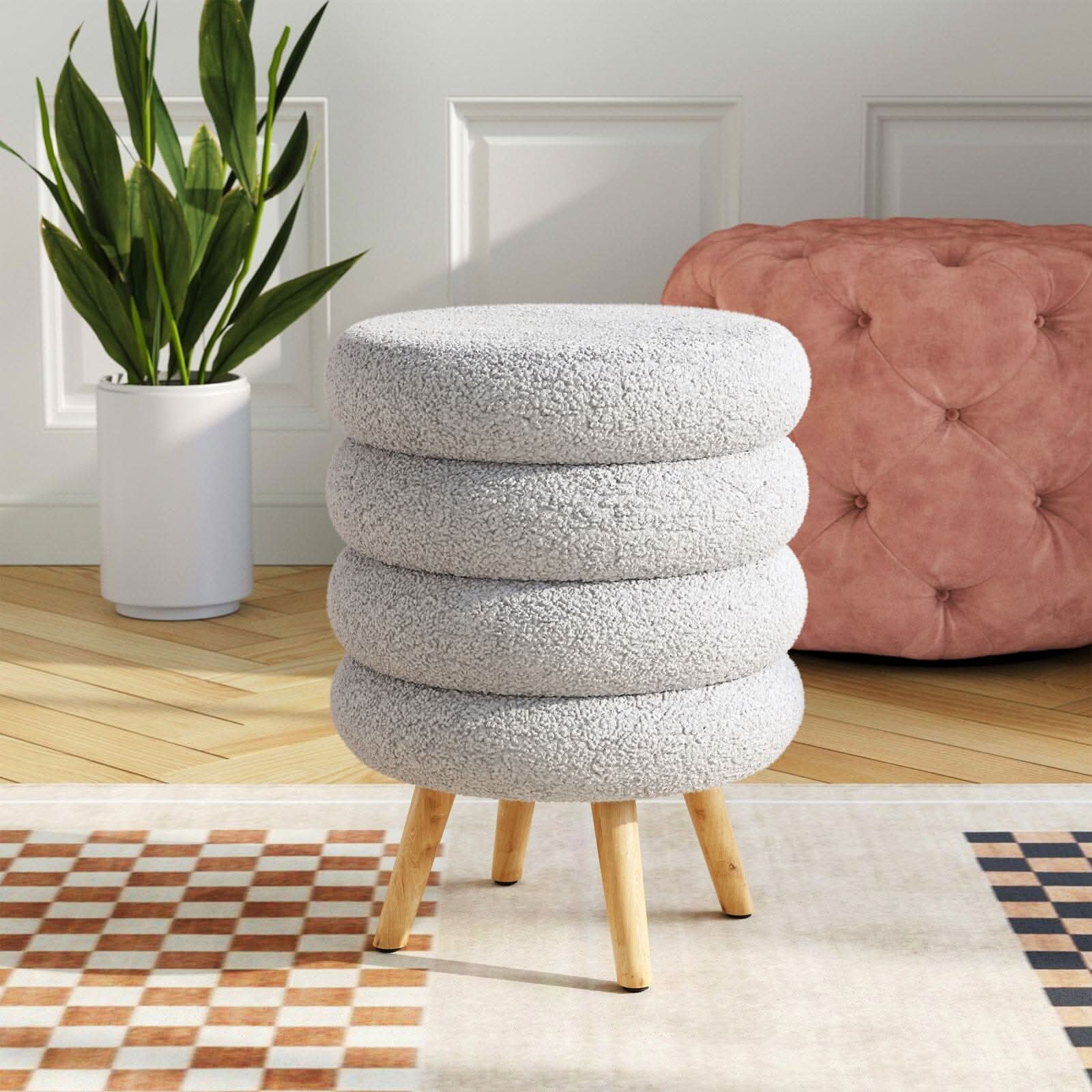 White Teddy Fur Tiered Footstool with Natural Wood Legs
