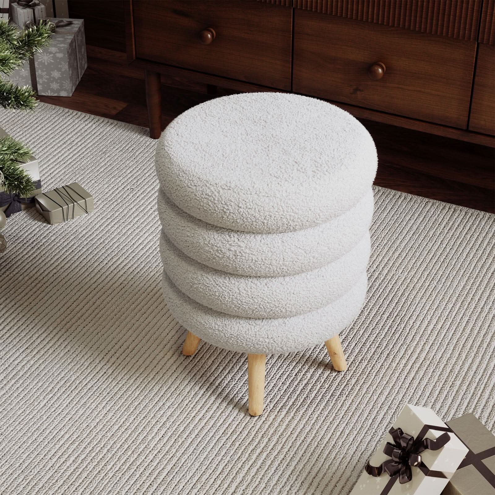 White Teddy Fur Tiered Footstool with Natural Wood Legs